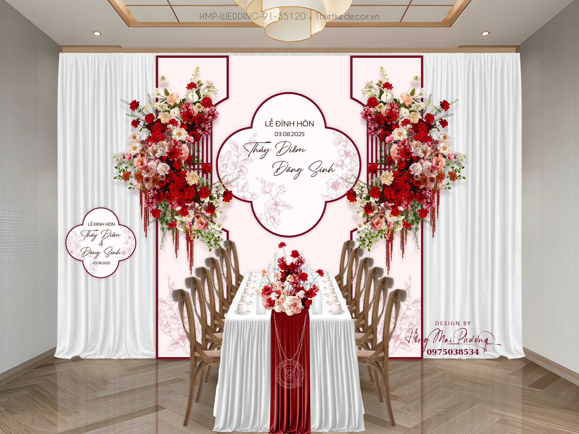 Gia tiên tone hồng nhạt viền đỏ, họa tiết hoa